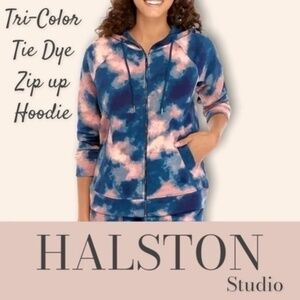 HALSTON STUDIO French Terry Blue-Pink Tie Dye Full Zip Hooded Jacket NWT/MD